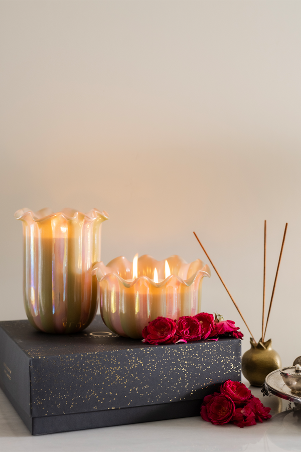 Zen Lotus - Flower Cut Cylinder Candle | Olive Green & Pink | Peony Promise